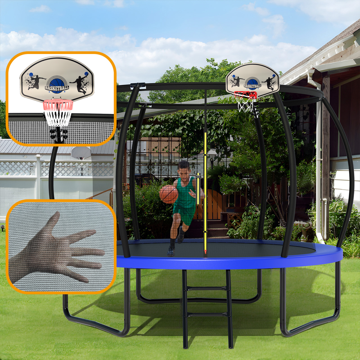 10FT Recreational Trampoline with Enclosure for Kids Adults, ASTM Approved, Outdoor Trampoline with Wind Stakes and Ladder for Kids Apex Series, 10 FOOT Trampoline