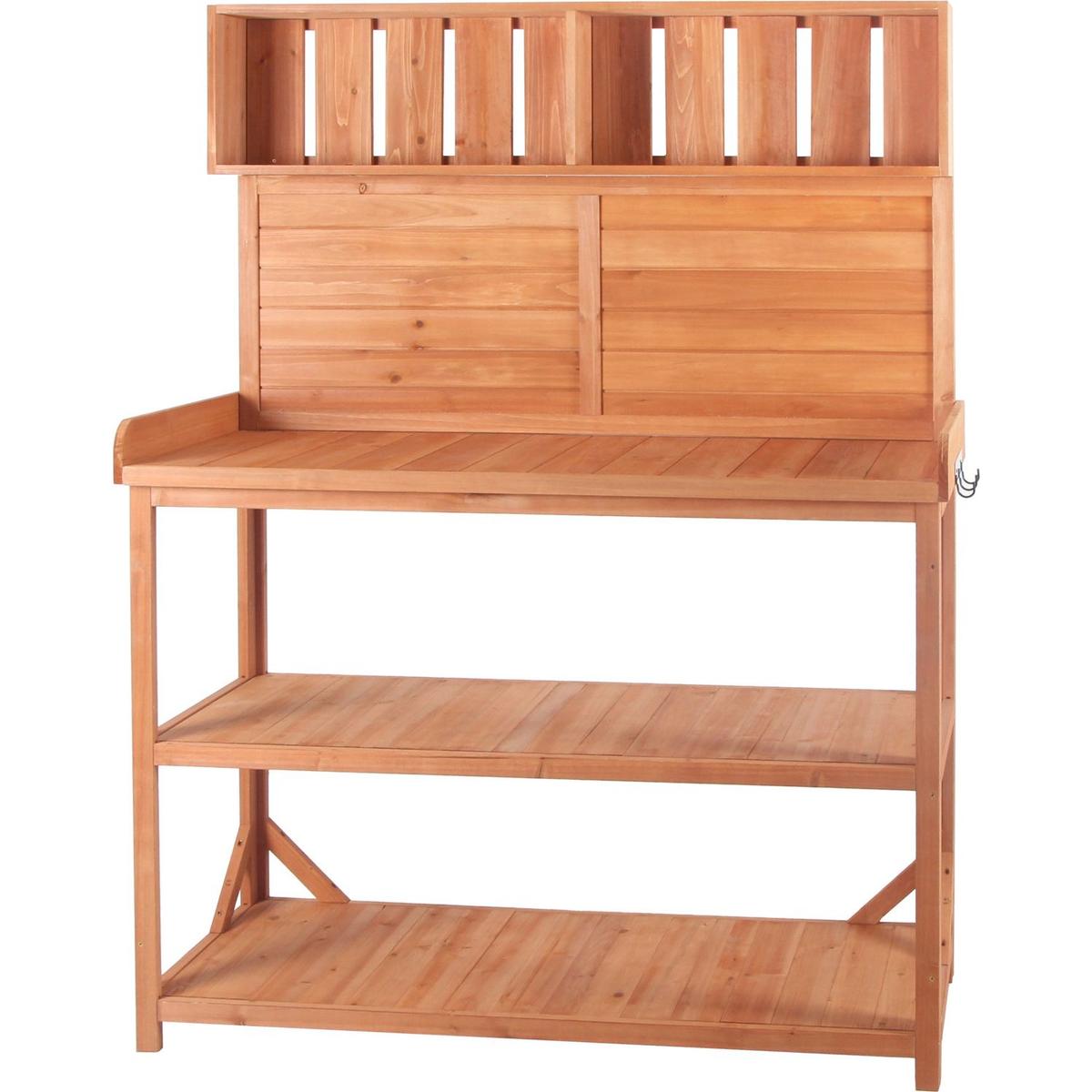 65" Large Wooden Farmhouse Rustic Outdoor Potting Bench Table, Patio Workstation, Garden Potting Bench with 4 Storage Shelves and Side Hook,Natural