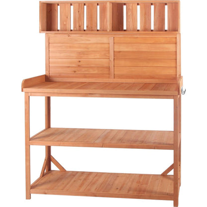 65" Large Wooden Farmhouse Rustic Outdoor Potting Bench Table, Patio Workstation, Garden Potting Bench with 4 Storage Shelves and Side Hook,Natural