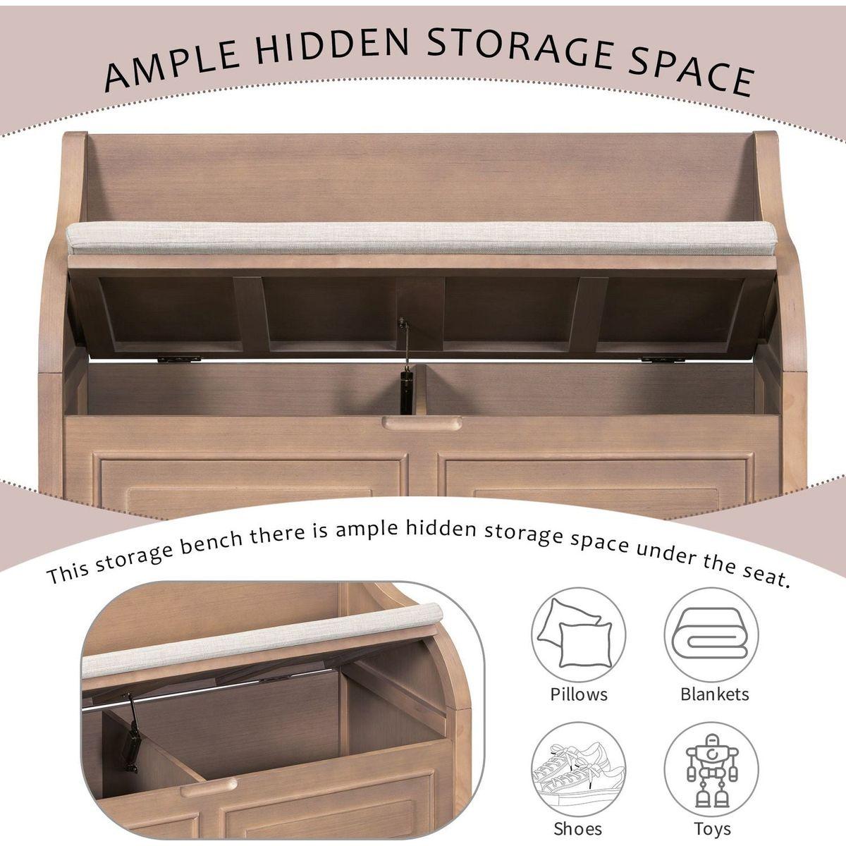 Rustic Style Solid wood Entryway Multifunctional Storage Bench with Safety Hinge (Brown+ Beige)