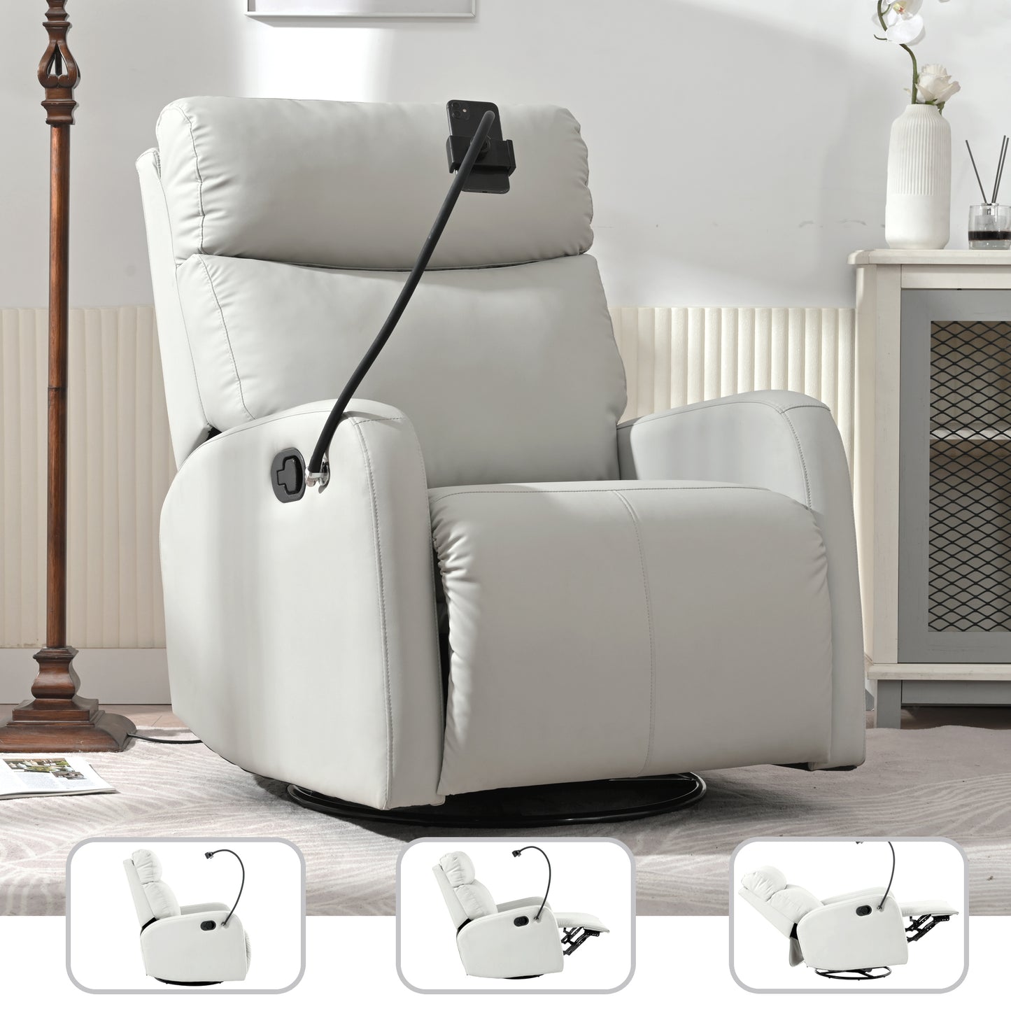 Rocking Recliner Chair,360 Degree Swivel Nursery Rocking Chair,Glider Chair,Modern Small Rocking Swivel Recliner Chair for Bedroom,Living Room Chair Home Theater Seat,Phone Holder(Light Gray)