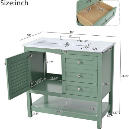 36" Bathroom Vanity with Undermount Sink, Free Standing Vanity Set with 2 Drawers& Soft Closing Doors, Bathroom Storage Cabinet with Solid Wood Feet, Green