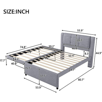 Full Size Upholstery platform bed with Trundle,Trundle can be flat or erected, Gray
