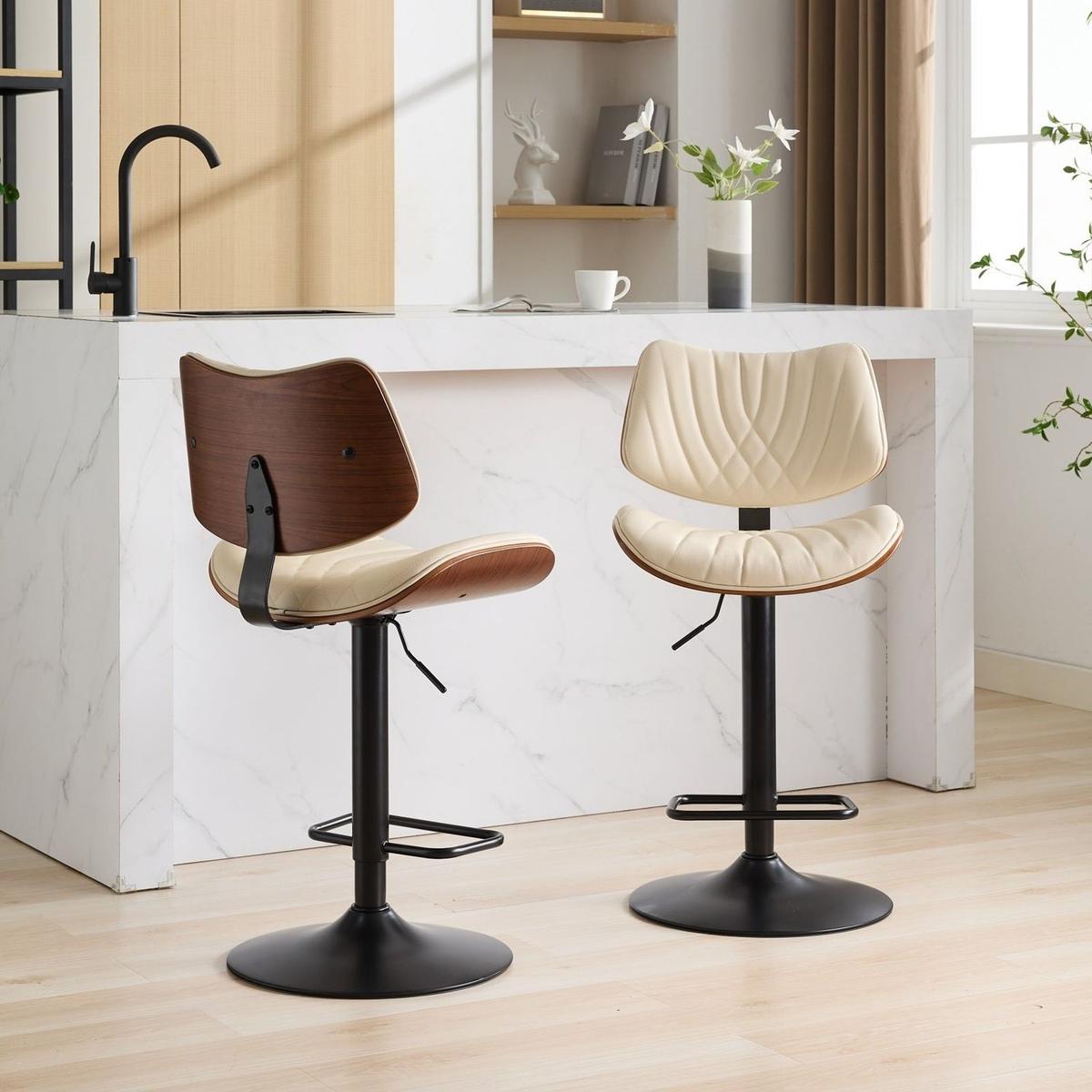 Walnut Bentwood Bar Stools Mid Century Modern Adjustable Counter Height Black Leather Upholstered 360Swivel Bar Chairs for Kitchen Island/Dining Room/Cafe, 1 chair/1carton,Beige