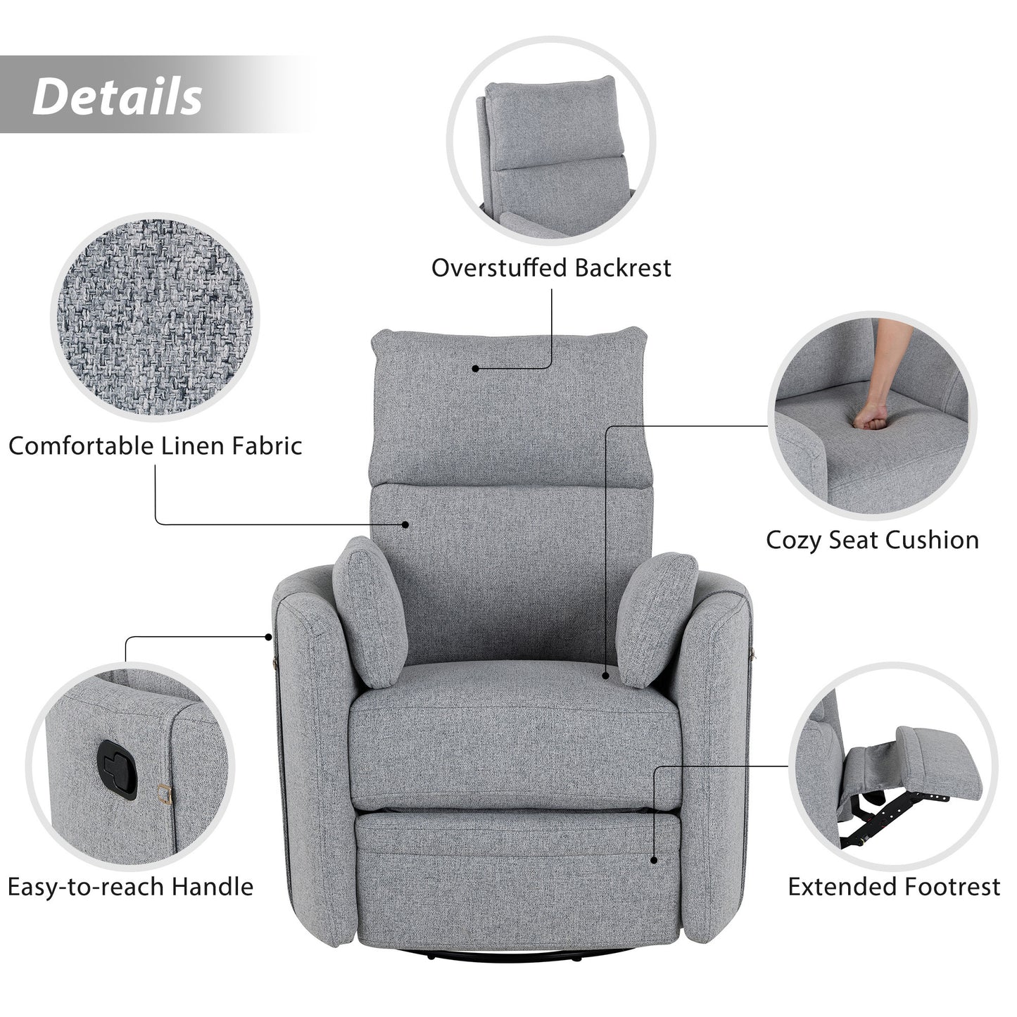 360 Degree Swivel Recliner Theater Recliner Manual Rocker Recliner Chair with Two Removable Pillows for Living Room, Dark Grey