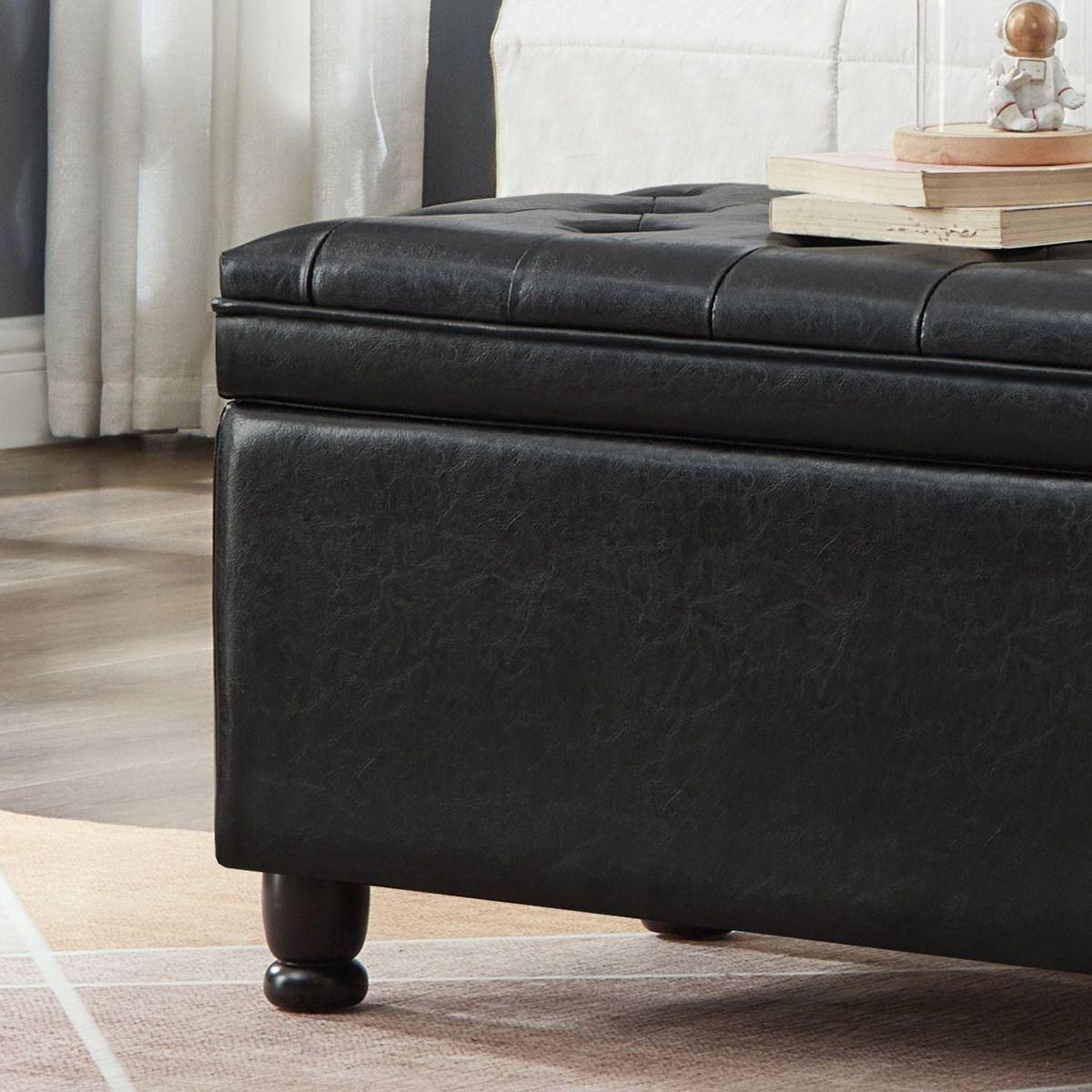 Upholstered tufted button storage bench, Faux leather entry bench with spindle wooden legs, Bed bench- Black