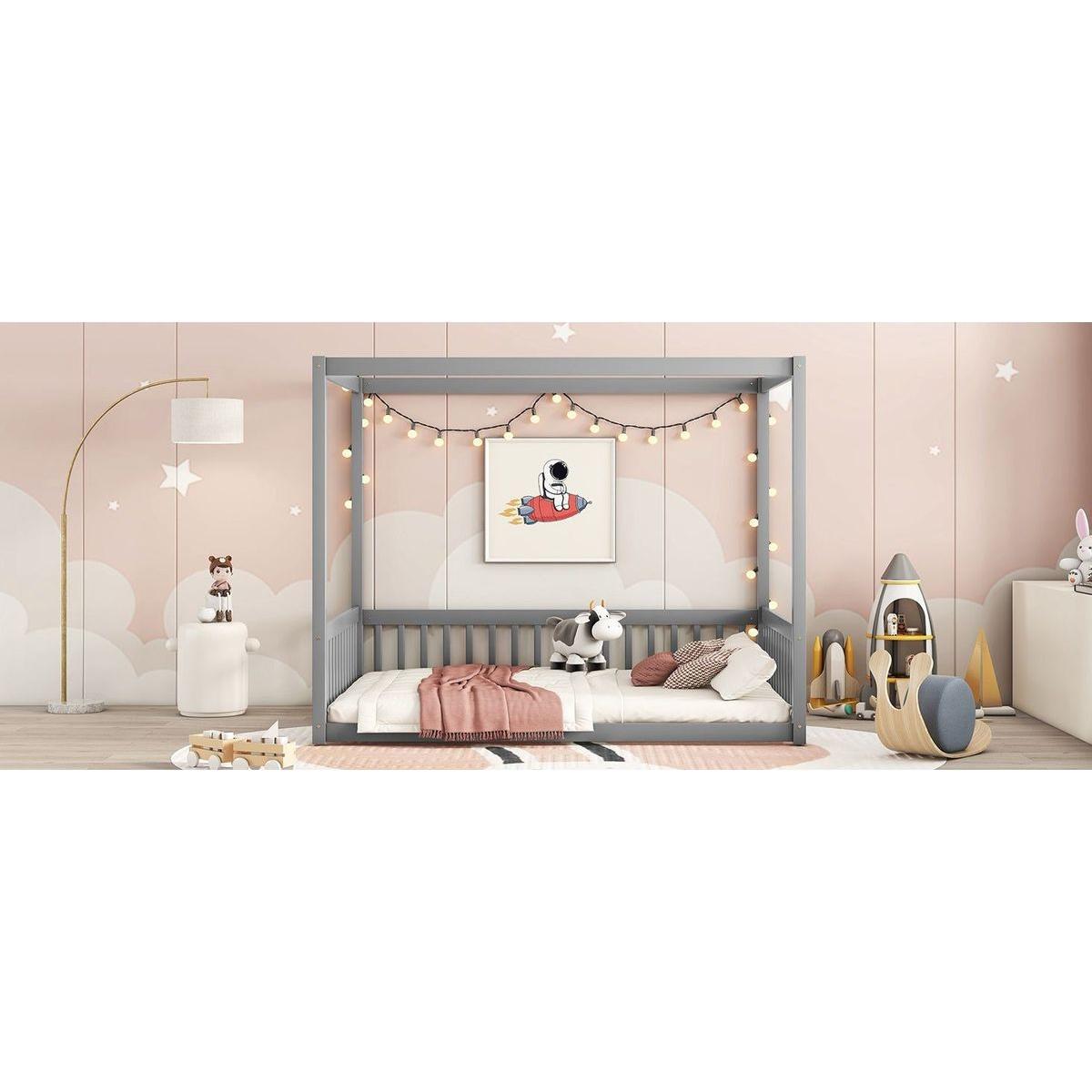 Full Size Canopy Frame Floor Bed with Fence, Guardrails,Grey