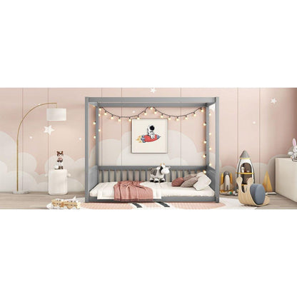 Full Size Canopy Frame Floor Bed with Fence, Guardrails,Grey