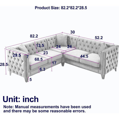 82.2-Inch Velvet Corner Sofa Covers, L-Shaped Sectional Couch, 5-Seater Corner Sofas with 3 Cushions for Living Room, Bedroom, Apartment, Office