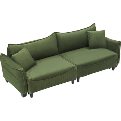 green corduroy fabric, sofa can be converted into a sofa bed with two throw pillows, suitable for living room and other scenes