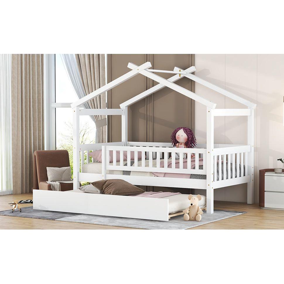 Twin Size Wooden House Bed with Twin Size Trundle, White