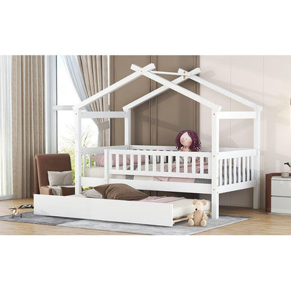 Twin Size Wooden House Bed with Twin Size Trundle, White