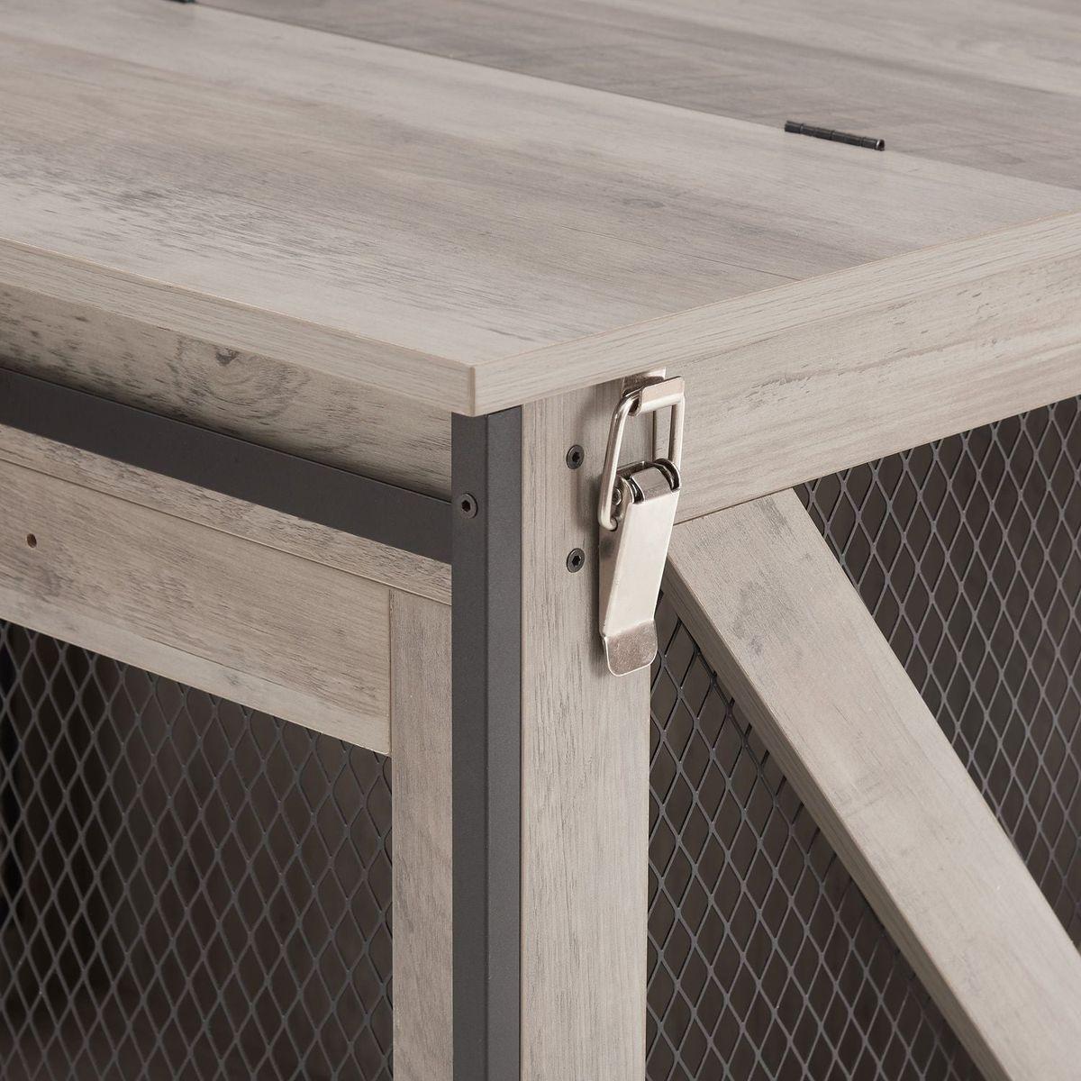 Farmhouse Dog Cage Crate Furniture with Sliding Barn Door, Farmhouse Wooden Dog Kennel End Table with Flip-top Plate Dog House with Detachable Divider for Small/Medium/Large Dog Gray
