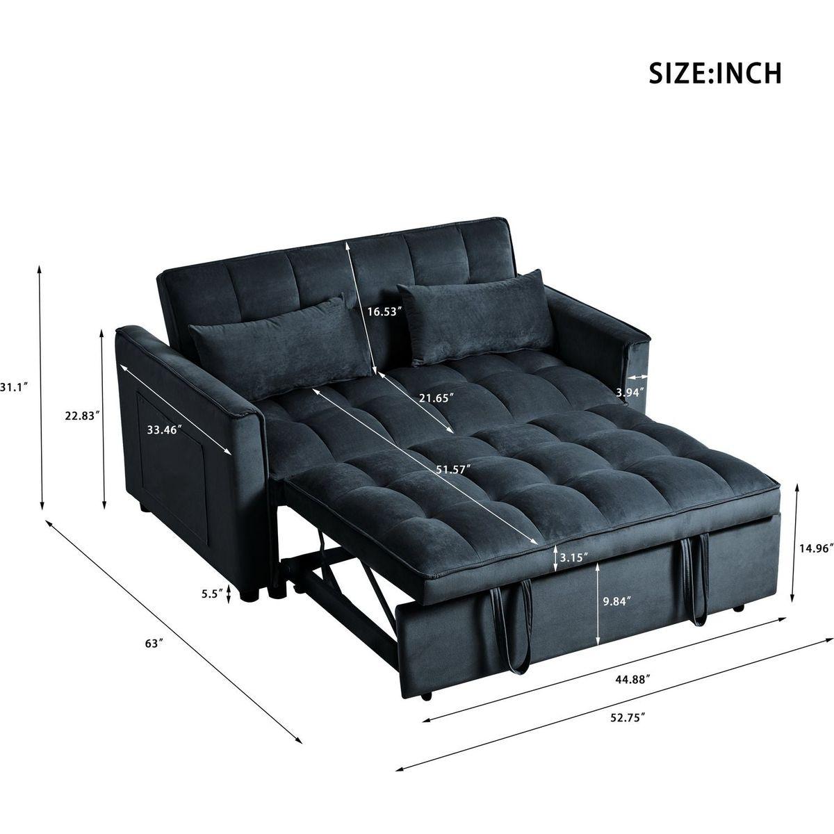 3 in 1 Convertible Sleeper Sofa Bed, Modern Pull Out Couch Bed, Adjustable Backrest, Velvet Loveseat Futon Sofa with Pillows & Pockets for Living Room Apartment, Black