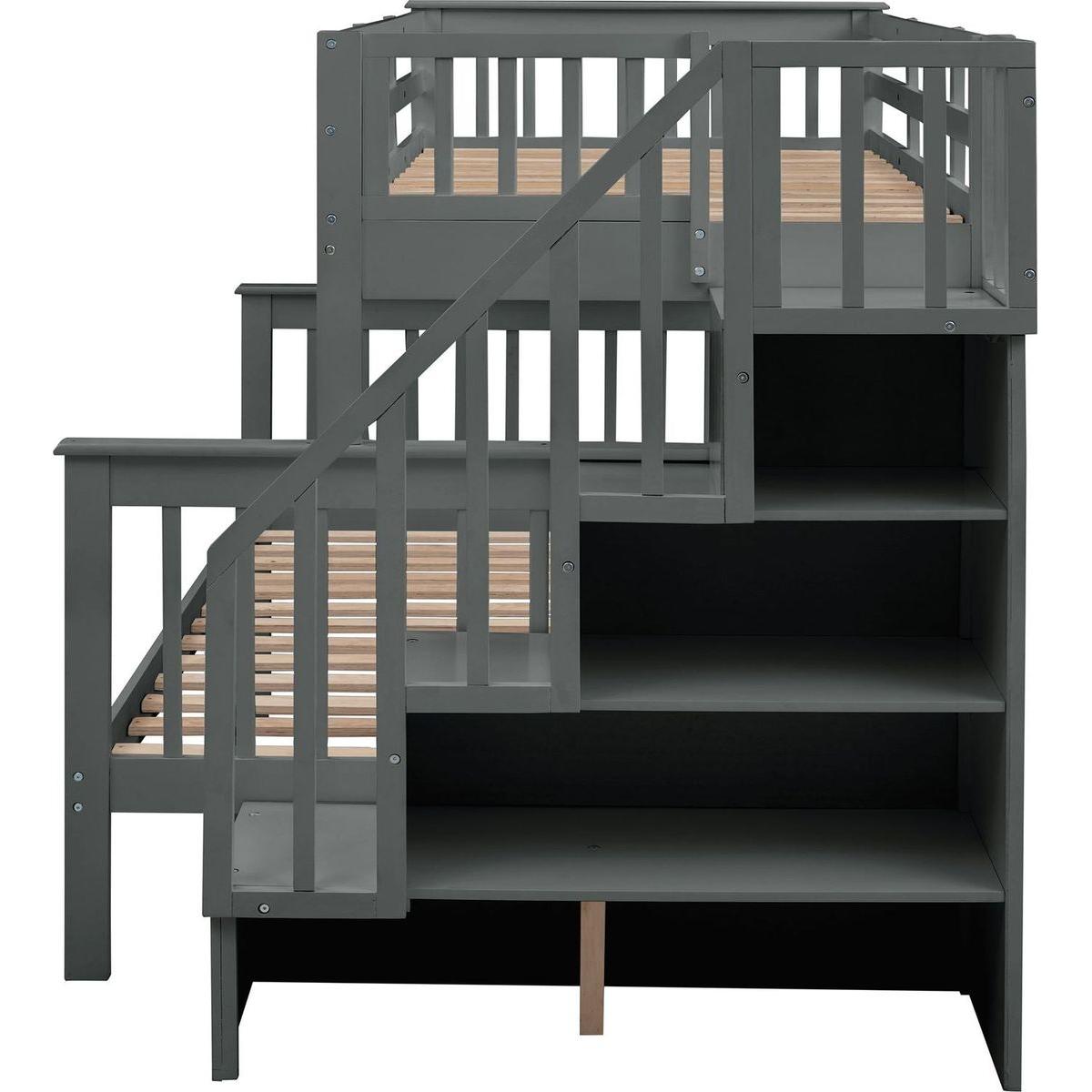 Stairway Twin-Over-Full Bunk Bed with Twin size Trundle, Storage and Guard Rail for Bedroom, Dorm, for Adults, Gray