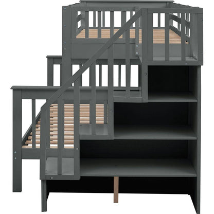 Stairway Twin-Over-Full Bunk Bed with Twin size Trundle, Storage and Guard Rail for Bedroom, Dorm, for Adults, Gray