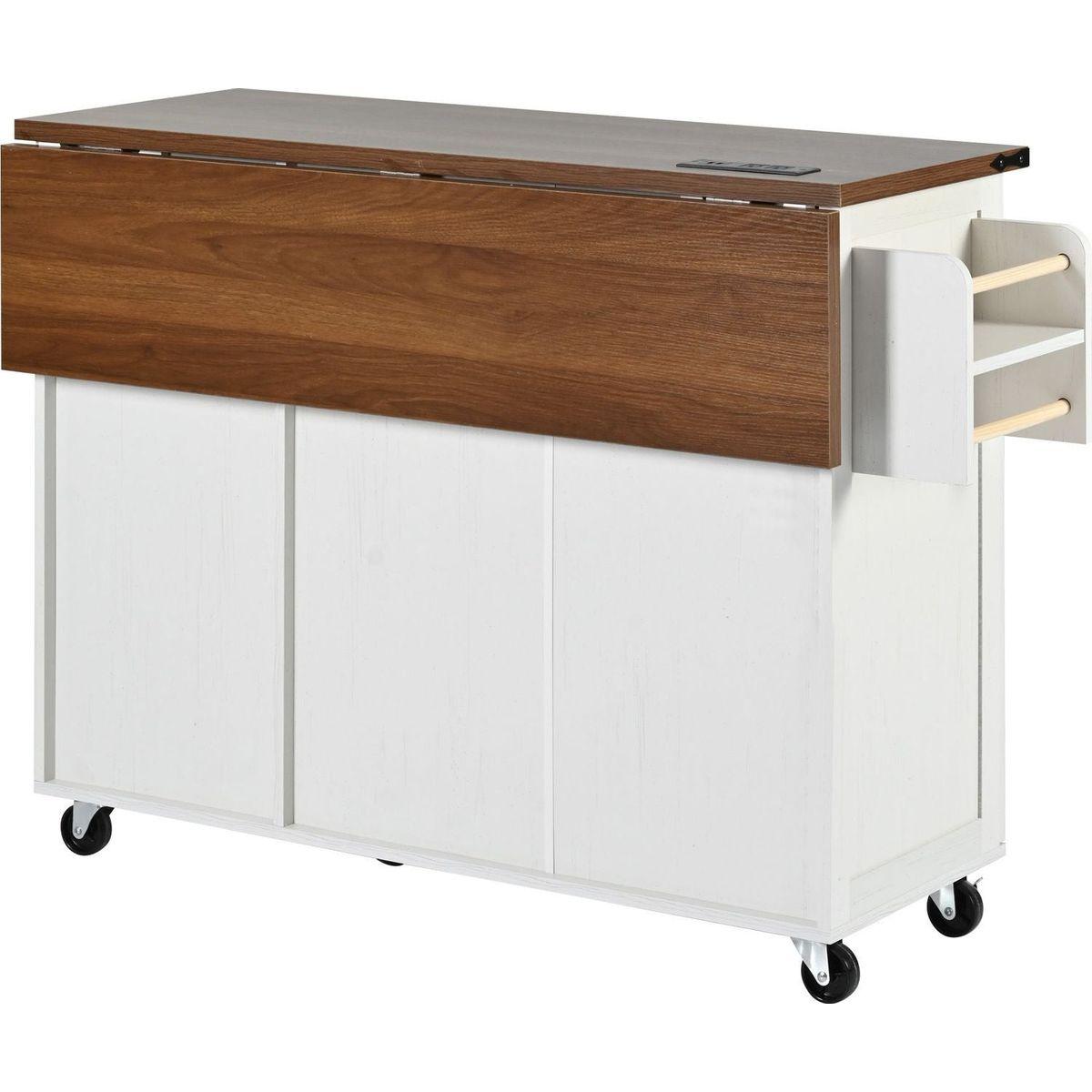 54.5" Farmhouse Kitchen Island with Power Outlet, Kitchen Storage Island with Internal Storage Rack, Drop Leaf, Spice Rack, Rolling Kitchen Cart on Wheels, for Home, Kitchen and Dining Room,White