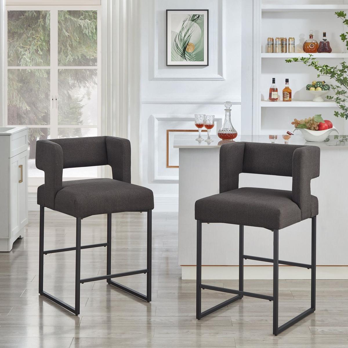 Modern Fashion Counter Height Bar Stools with Unique Square Open Backrest,Set of 2 Versatile Bar Chairs with Sturdy Iron Legs, 26" H Counter Height Chairs for kitchen islands, Dark Grey /Black