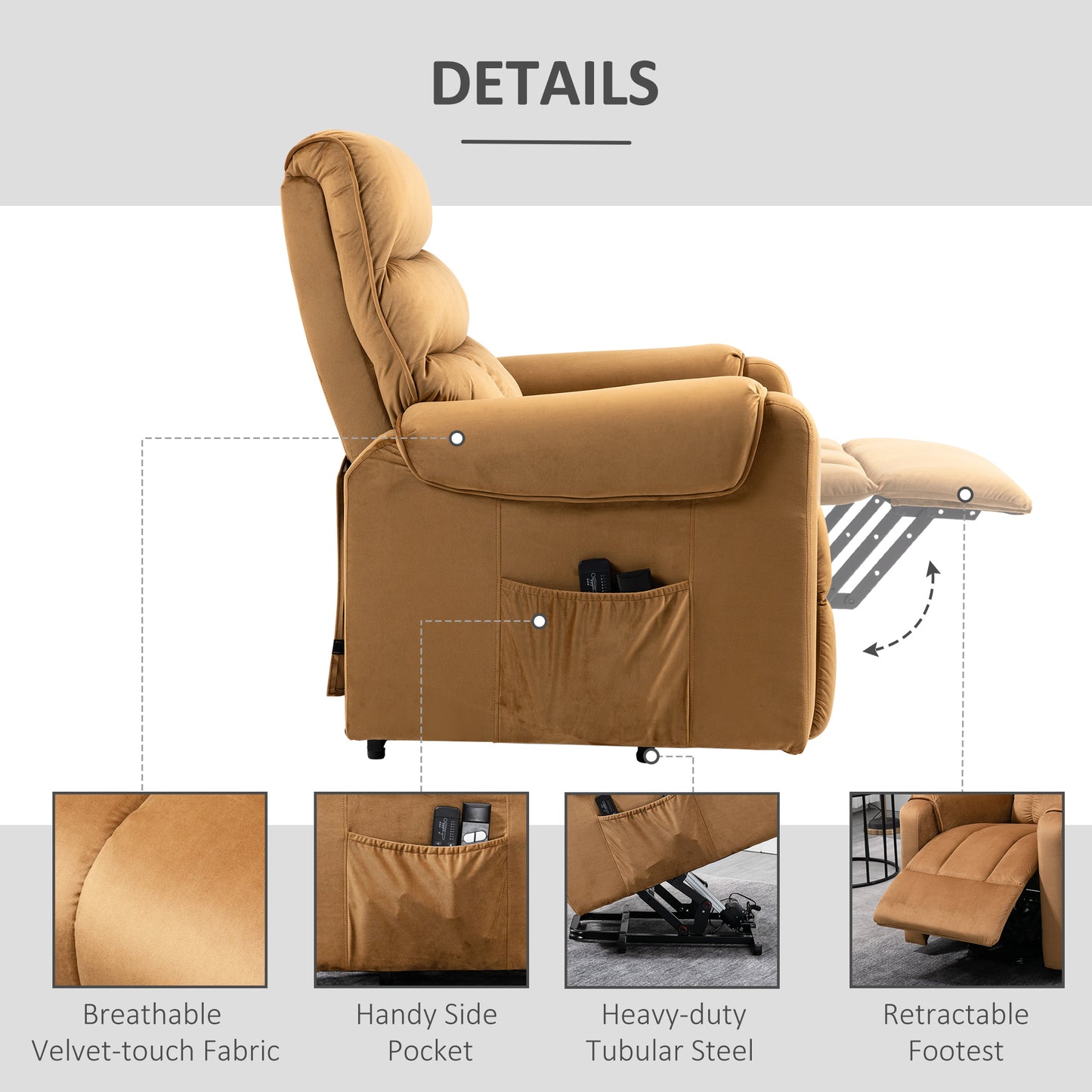 Power Lift Chair, Velvet Touch Upholstered Recliner Chair for Elderly with Vibration Massage, Remote Control, Side Pockets, Brown