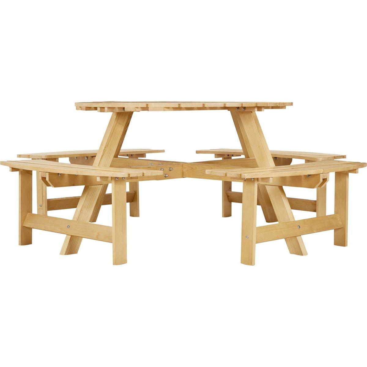 Outdoor 8 Person Picnic Table, 8 person Round Picnic Table with 4 Built-in Benches, Umbrella Hole, Outside Table and Bench Set for Garden, Backyard, Porch, Patio, Natural