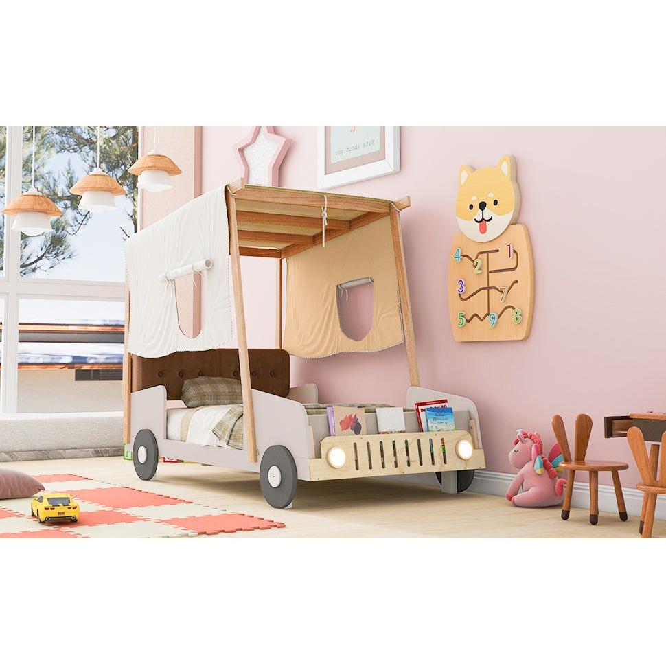 Wood Twin Size Car Bed with Pillow, Ceiling Cloth and LED, Natural