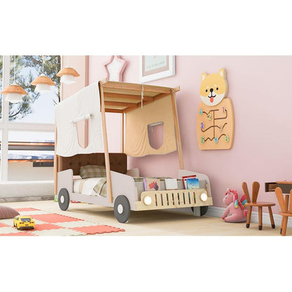 Wood Twin Size Car Bed with Pillow, Ceiling Cloth and LED, Natural