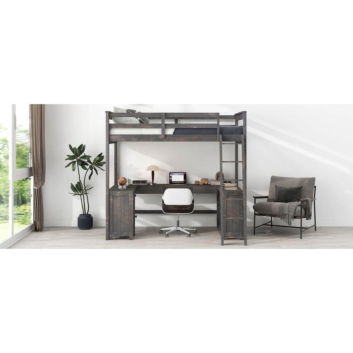 Full Size Loft Bed with U-shaped Desk, Drawers and Storage Shelves, Antique Brown