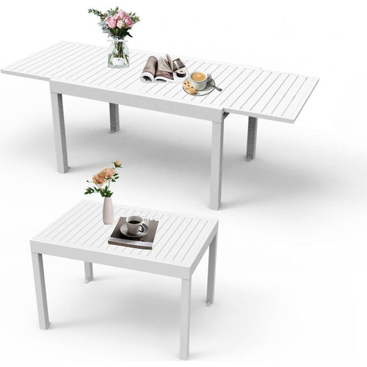 Aluminum Patio Extendable Dining Table 35"- 71", Adjustable Indoor Outdoor Patio Dining Table with E-Coating for 4-6 Person Garden Lawn Porch Bistro Furniture, Elegant Ivory White