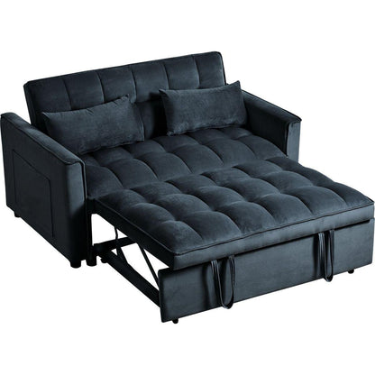 3 in 1 Convertible Sleeper Sofa Bed, Modern Pull Out Couch Bed, Adjustable Backrest, Velvet Loveseat Futon Sofa with Pillows & Pockets for Living Room Apartment, Black