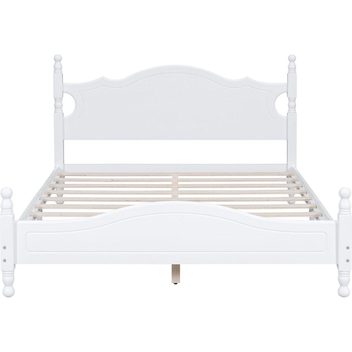 Queen Size Wood Platform Bed Frame,Retro Style Platform Bed with Wooden Slat Support,White