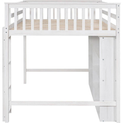Full Size Loft Bed with 8 Open Storage Shelves and Built-in Ladder, White