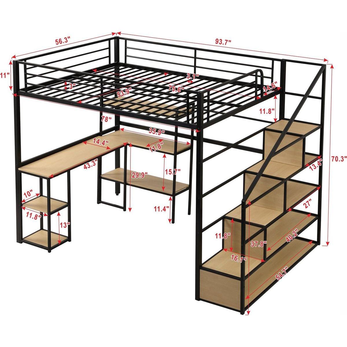 Full Size Metal Loft bed with Staircase, Built-in Desk and Shelves, Black