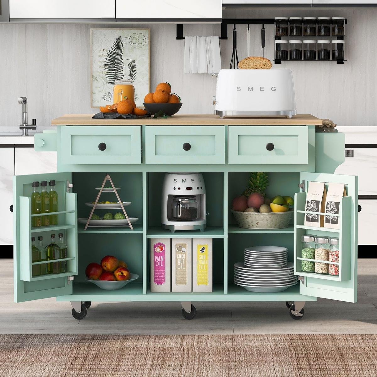 Kitchen Cart with Rubber wood Drop-Leaf Countertop, Cabinet door internal storage racks,Kitchen Island on 5 Wheels with Storage Cabinet and 3 Drawers for Dining Room, Mint Green