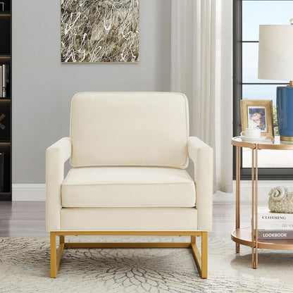 Modern Style Accent Chair with Gold Metal Base, Velvet Upholstered Leisure Chair with Open Armrest, Armchair, Cream