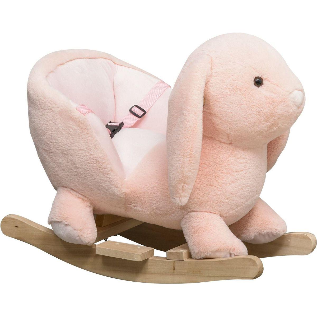 Qaba Rabbit Wooden Rocking Horse with Simulated Sound, Wooden Base, Seat Belt, Plush Stuffed Rocking Chair for Baby, Toddler, 18-36 Months, Pink