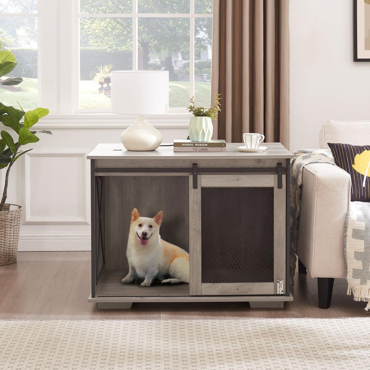 Farmhouse Dog Cage Crate Furniture with Sliding Barn Door, Farmhouse Wooden Dog Kennel End Table with Flip-top Plate Dog House with Detachable Divider for Small/Medium/Large Dog Gray