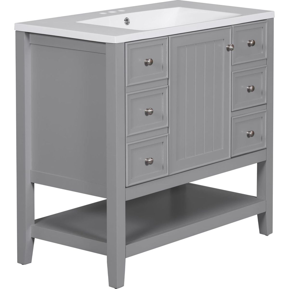 36" Bathroom Vanity with Sink Combo, One Cabinet and Three Drawers, Solid Wood and MDF Board, Grey