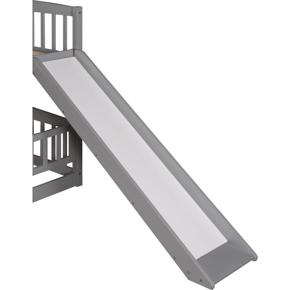 Bunk Bed with Slide,Full Over Full Low Bunk Bed with Fence and Ladder for Toddler Kids Teens Gray