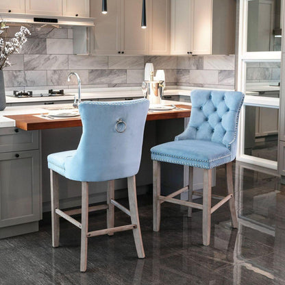 Contemporary Velvet Upholstered Barstools with Button Tufted Decoration and Wooden Legs, and Chrome Nailhead Trim, Leisure Style Bar Chairs,Bar stools, Set of 2 (Light Blue)