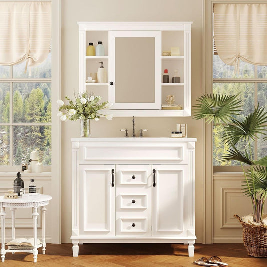 36" Bathroom Vanity with Top Sink, White Mirror Cabinet, Modern Bathroom Storage Cabinet with 2 Soft Closing Doors and 2 Drawers, Single Sink Bathroom Vanity