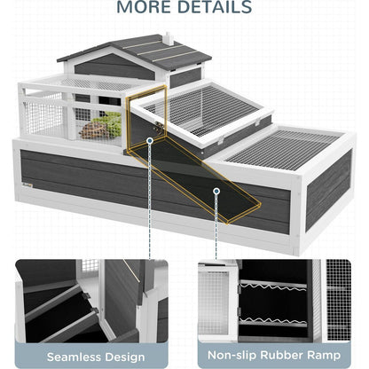 3-Room Tortoise House Habitat with Balcony & 2 Stories, Indoor/Outdoor Wooden Tortoise Enclosure with Ladder, Tray, Openable Roof, Large Reptile Cage, 44" x 25.5" x 23", Gray