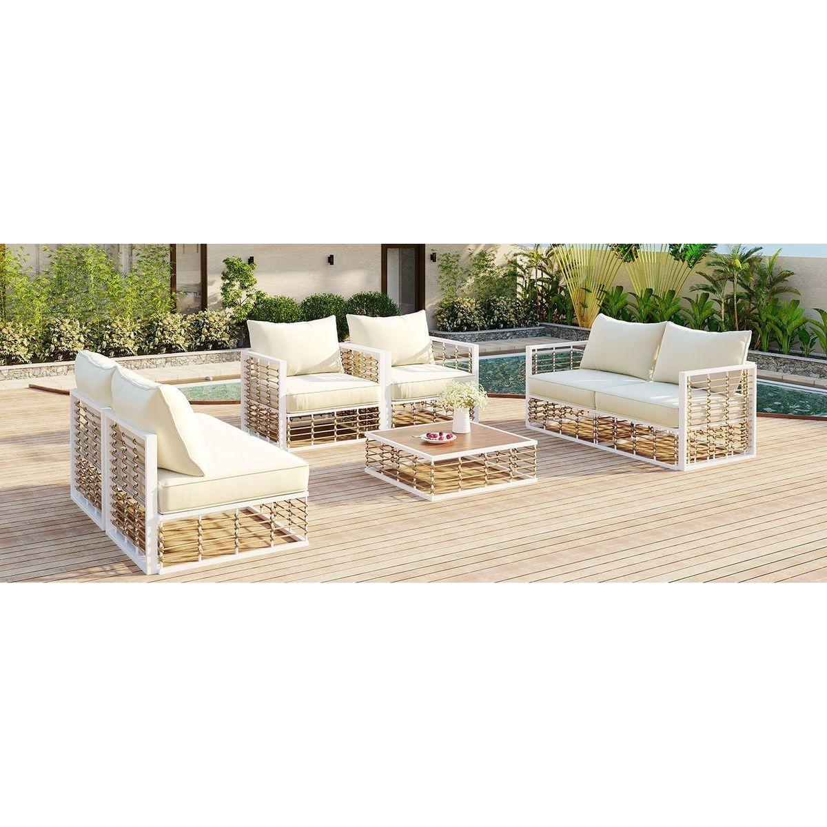 Modern Minimalist 7-Piece Metal Patio Sectional Sofa Set, All-Weather Garden Conversational Furniture Set with Thick Cushions and Coffee Table for Indoor Outdoor, White