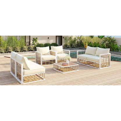 Modern Minimalist 7-Piece Metal Patio Sectional Sofa Set, All-Weather Garden Conversational Furniture Set with Thick Cushions and Coffee Table for Indoor Outdoor, White
