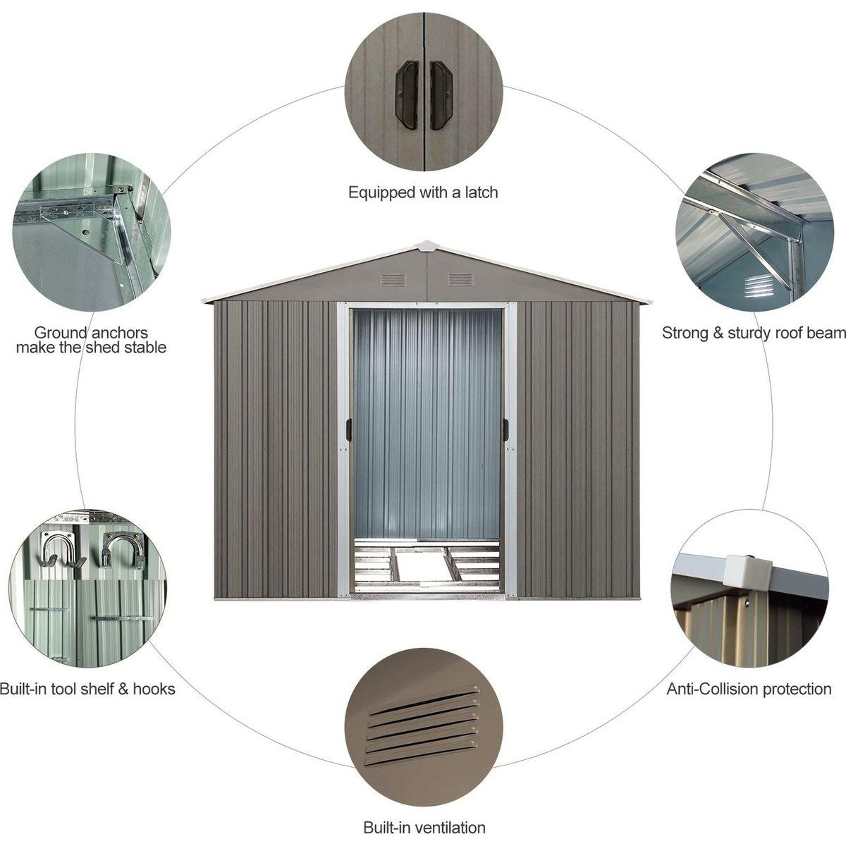 8x10ft Outdoor Metal Storage Shed Grey