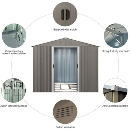 8x10ft Outdoor Metal Storage Shed Grey