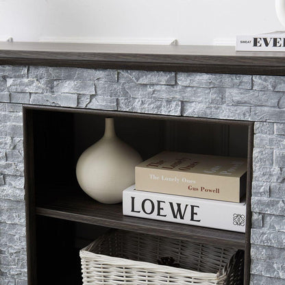 Mantel Stone TV Media Stand with with Faux Stacked Stone Surround, Modern Entertainment Console with Open Storage Space,Grey, 58.31"Wx15.39"Dx26.06"H