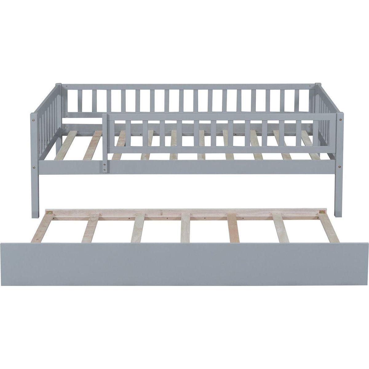 Twin Size Wood Daybed with Trundle and Fence Guardrails, Gray