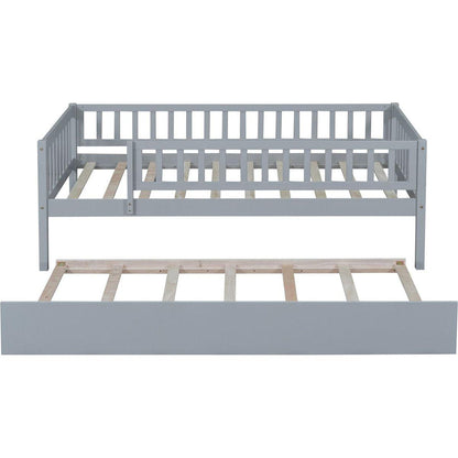 Twin Size Wood Daybed with Trundle and Fence Guardrails, Gray