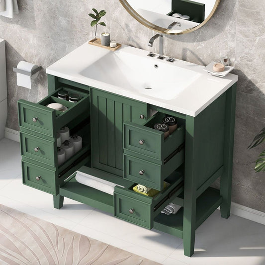 36" Bathroom Vanity with Sink Combo, One Cabinet and Three Drawers, Solid Wood and MDF Board, Green