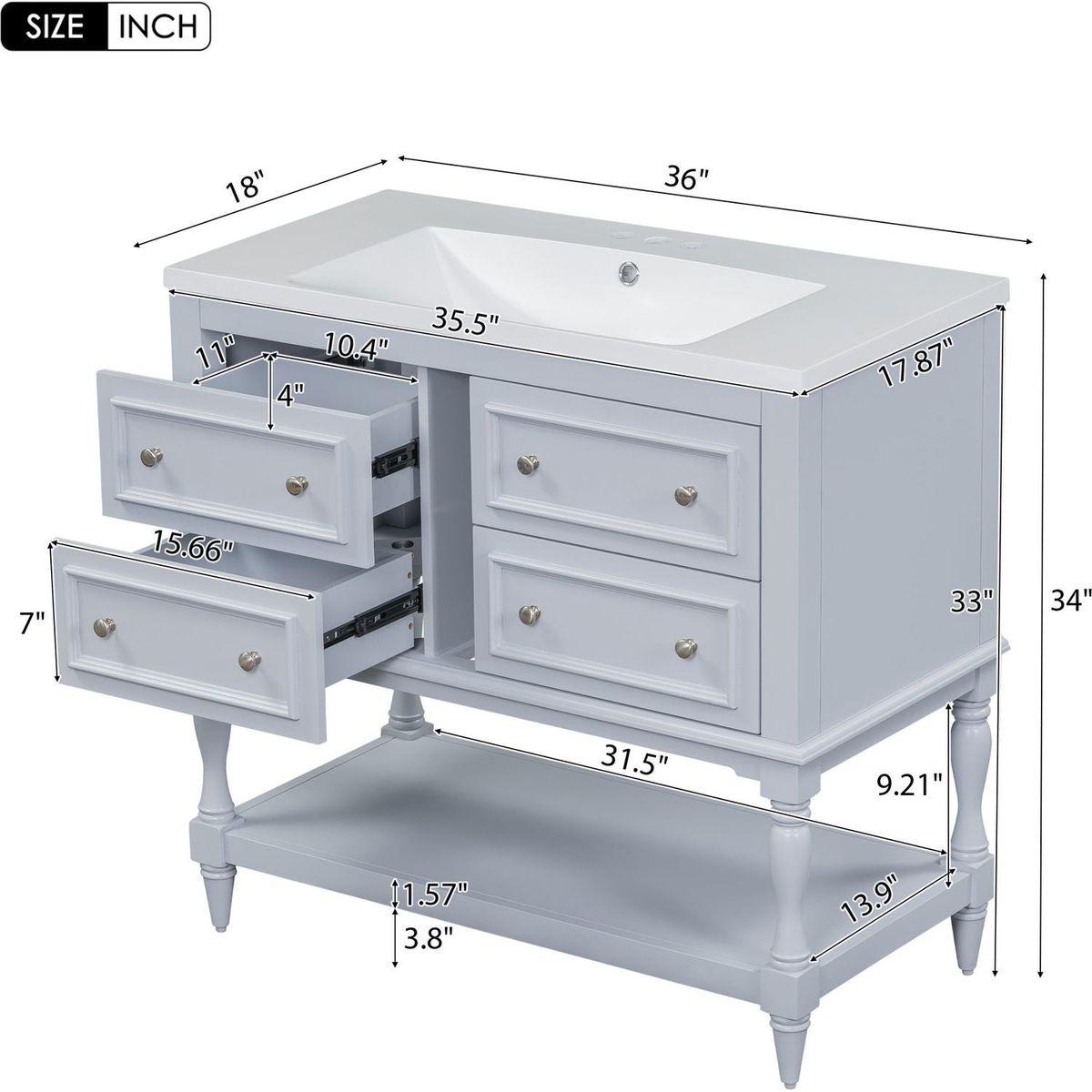 36" Bathroom Vanity Cabinet with Sink Combo Set, Undermount Resin Sink, Free Standing Vanity Set with 4 Drawers, Solid Wood Frame Bathroom Cabinet, Blue